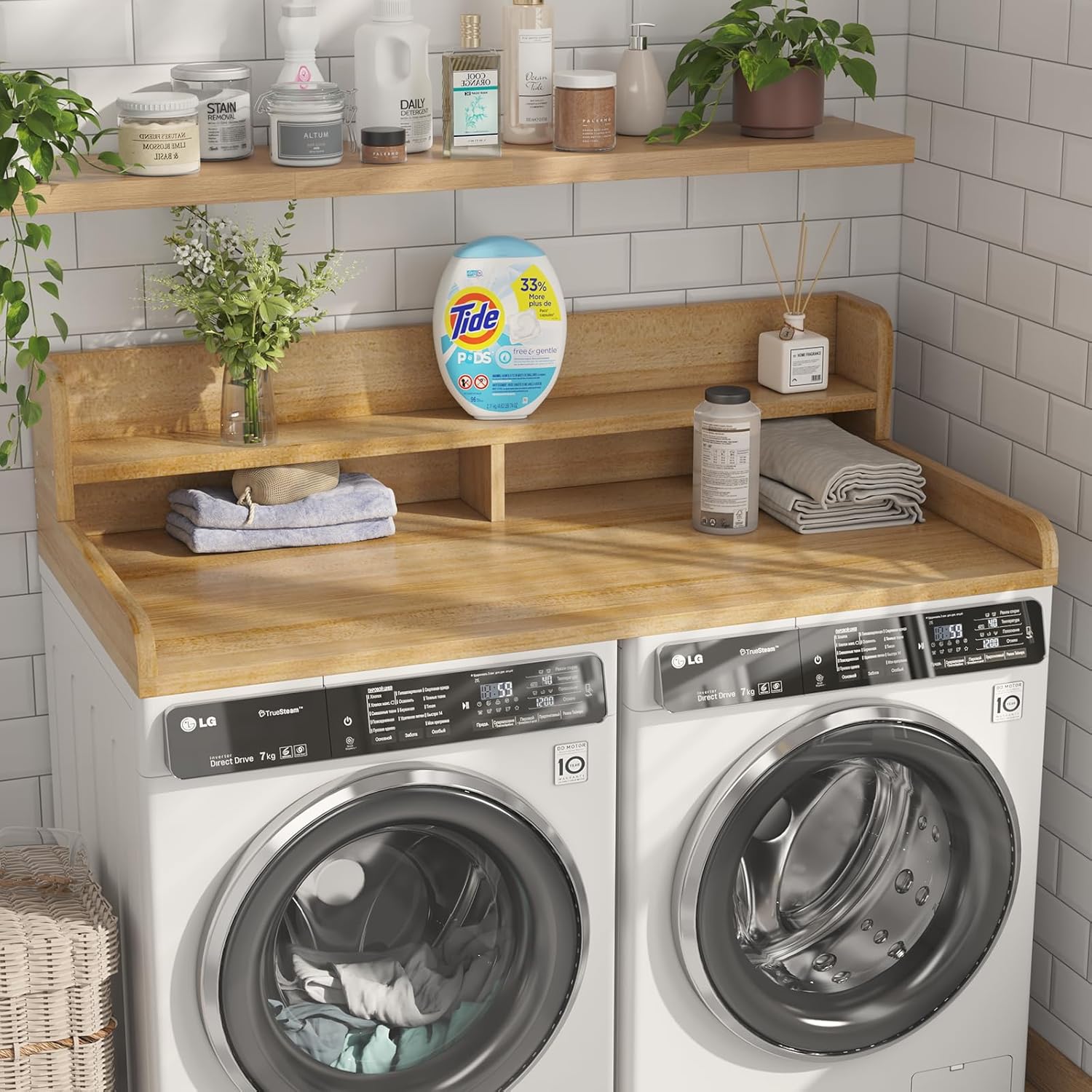 Washer Dryer Countertop with 2-Tier Shelf, 54" W x 27.55" D Laundry Countertop with 2.75" H Guard Edge Rails, Wood Topper with Non-Slip Pad (Pure Wood Color)
