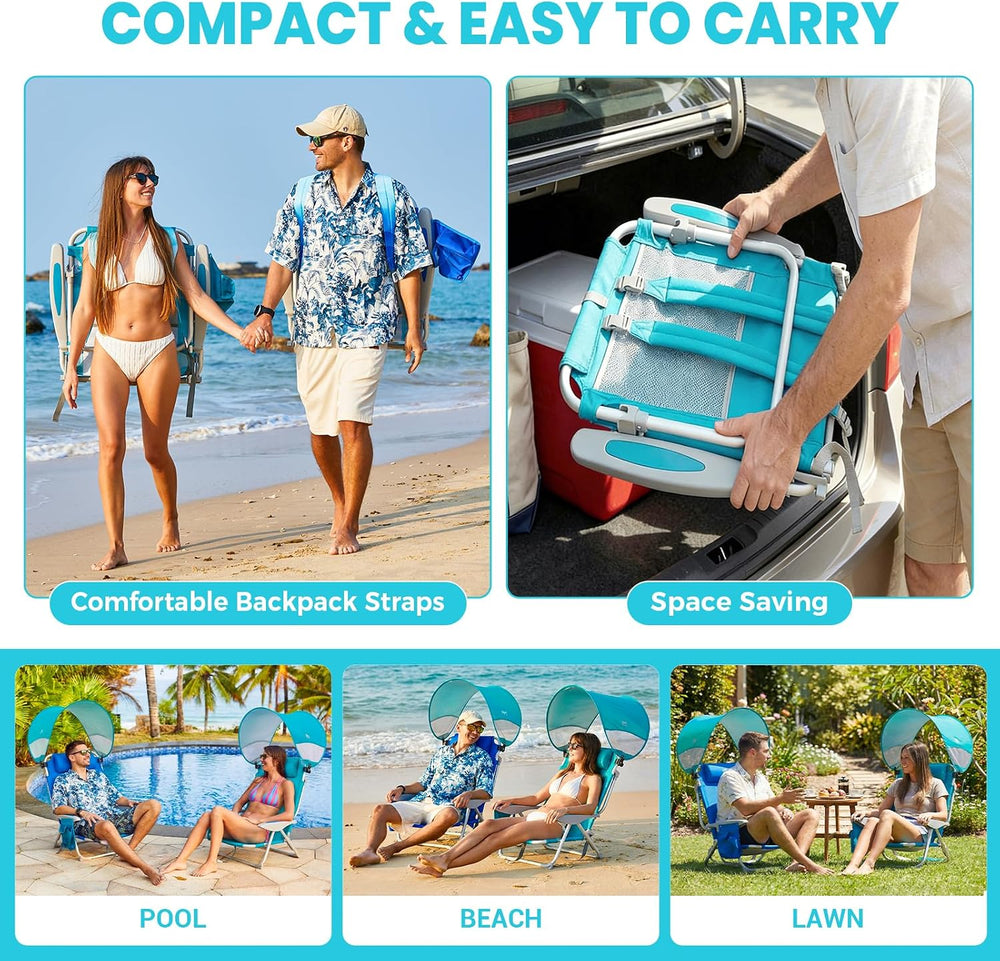 #WEJOY Beach Chair with Canopy Shade, Reclining Adjustable 4 Position, Lay Fl...