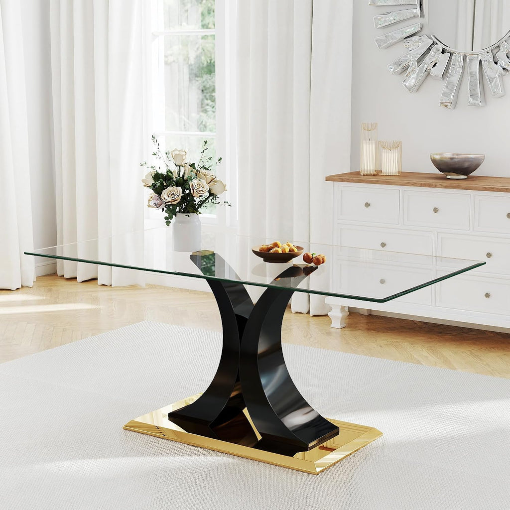 Modern Luxury Glass Dining Table for 4-6, 63'' Clear Tempered Glass Top Dinette Table, Minimalism Large Apartment Rectangle Kitchen Table with Black MDF & Gold Stainless Steel Base
