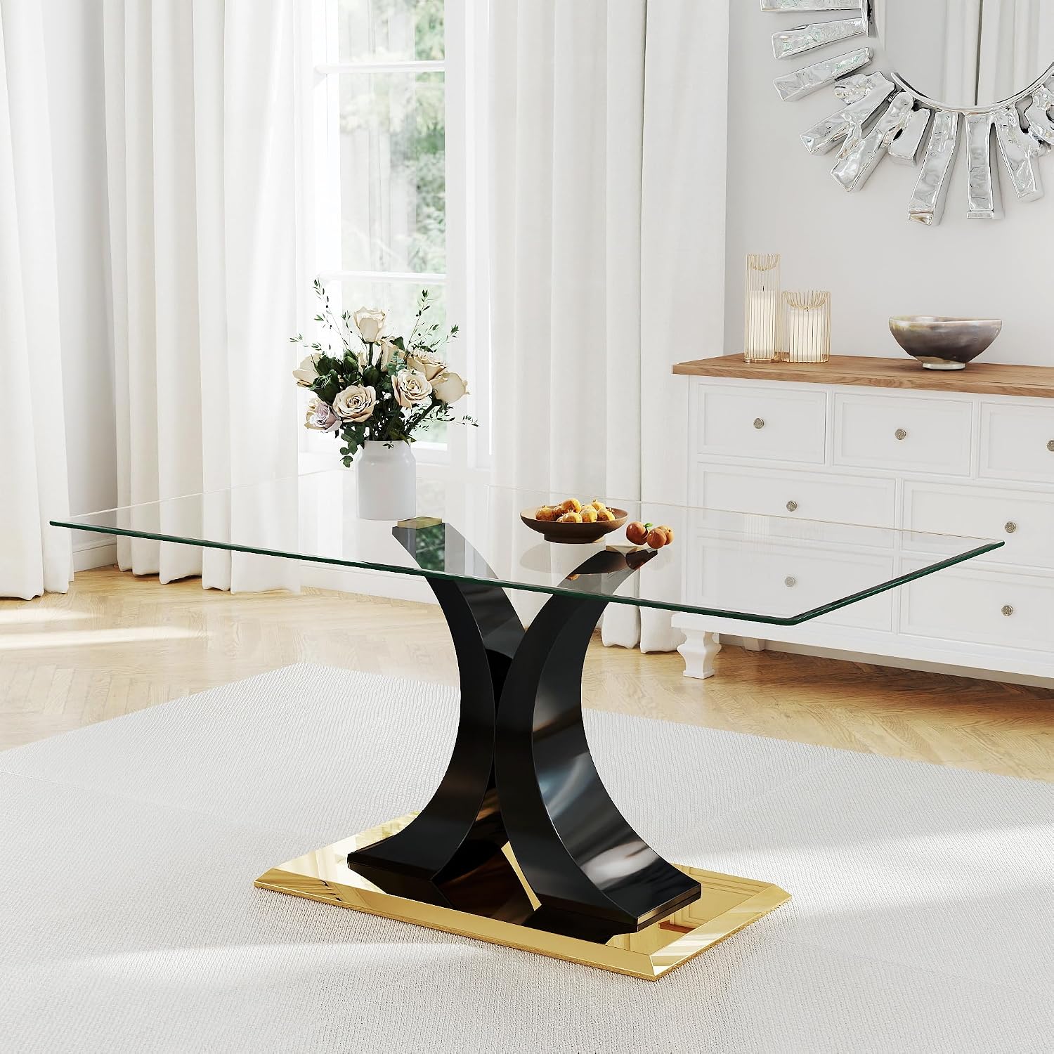 Modern Luxury Glass Dining Table for 4-6, 63'' Clear Tempered Glass Top Dinette Table, Minimalism Large Apartment Rectangle Kitchen Table with Black MDF & Gold Stainless Steel Base