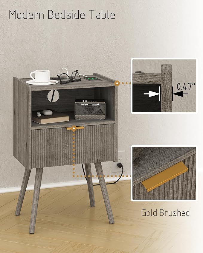 Nightstand with Outlet,Modern Bedside Table with Storage Drawer and Open Wood...
