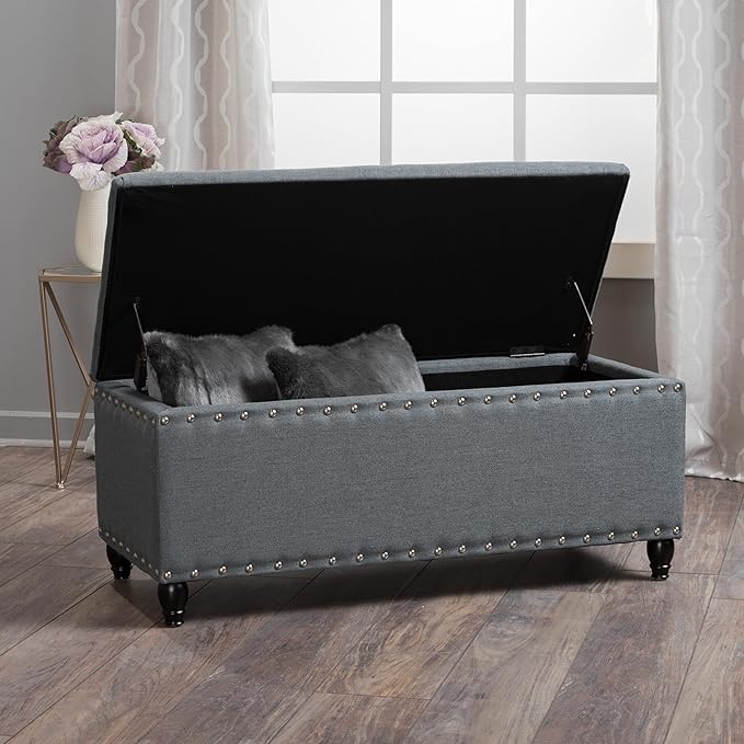 Storage Ottoman Bench,End of Bed Stool w/Safety Hinge & Nailhead Accents,Bedroom Upholstered Footrest,for Entryway,Living Room, Bed Room, Charcoal,42inch