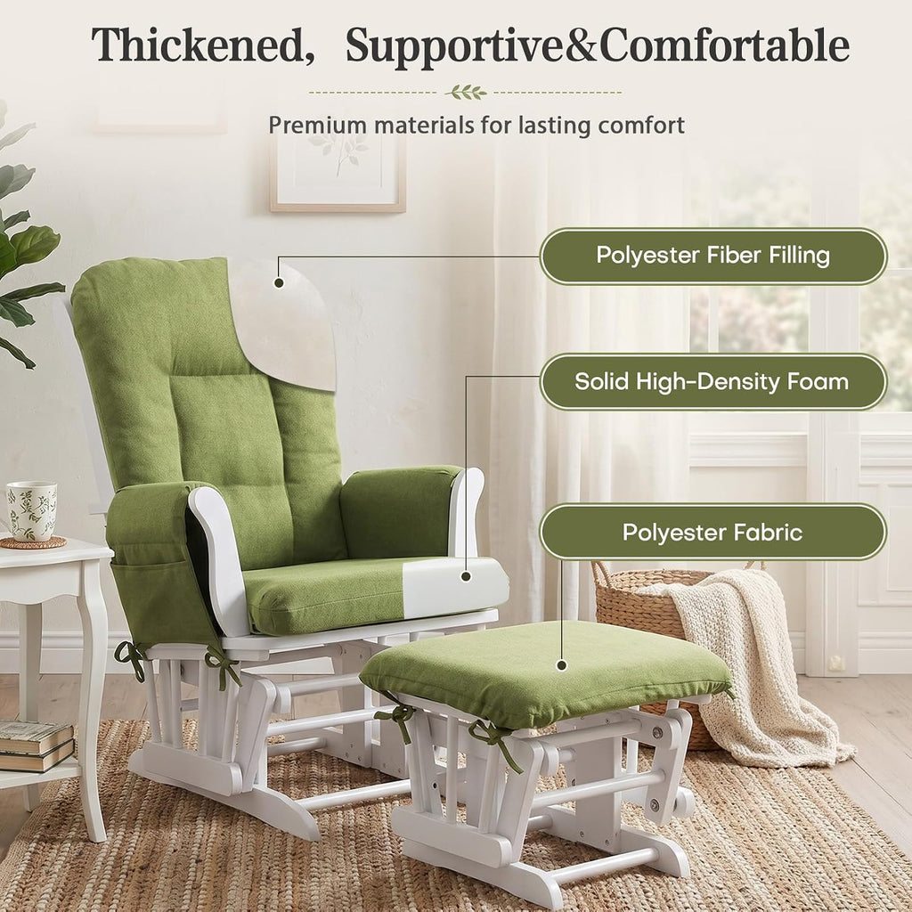 ANMINY 5pcs Glider Rocker Replacement Cushions Set - Thickened Glider Rocking Chair Cushions with 29.5 inch High Backrest & Side Pockets for Indoor Nursery, Washable & Non Slip, Green