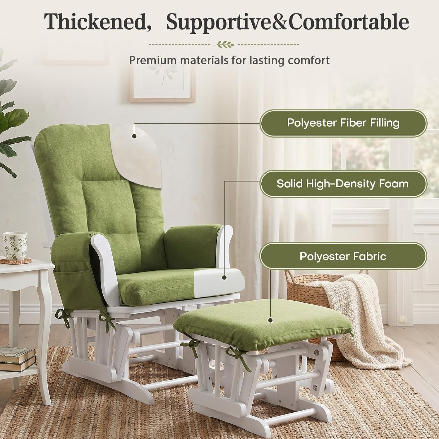 ANMINY 5pcs Glider Rocker Replacement Cushions Set - Thickened Glider Rocking Chair Cushions with 29.5 inch High Backrest & Side Pockets for Indoor Nursery, Washable & Non Slip, Green