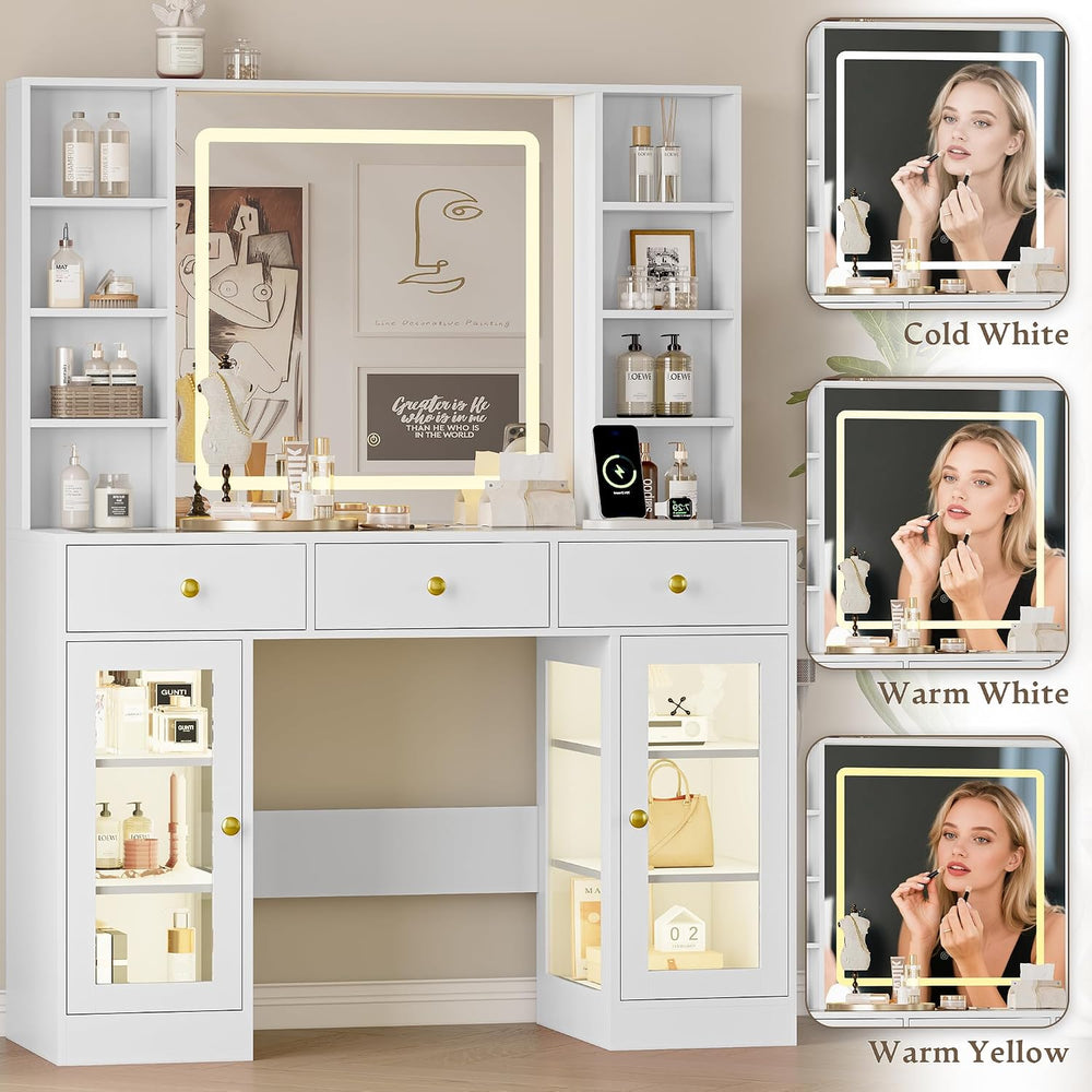 Makeup Vanity Desk with Mirror and Lights, 43" White Vanity with Glass T...