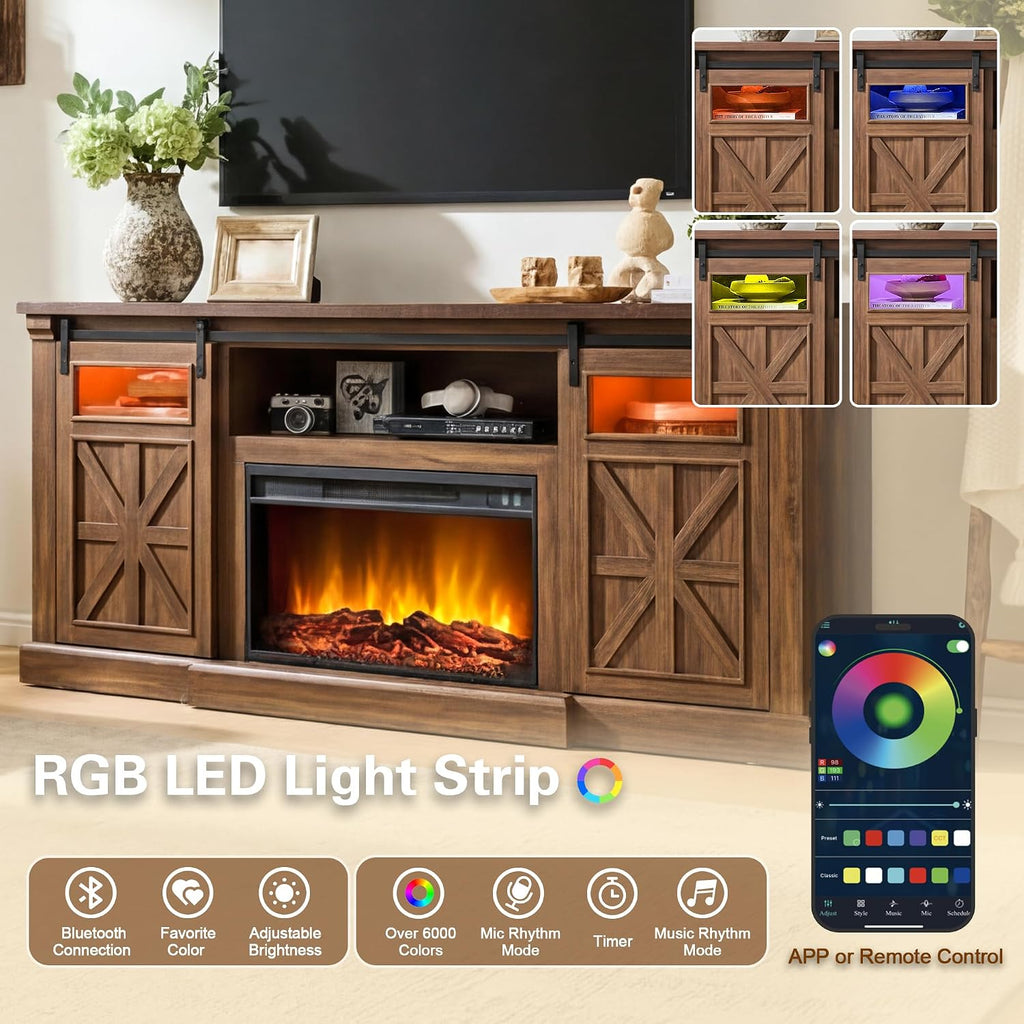Fireplace TV Stand for up to 80 Inch TVs, 32’’ Tall LED Entertainment Center with Electric Fireplace, Farmhouse TV Console Table w/Sliding Barn Door & Window for Living Room, Brown