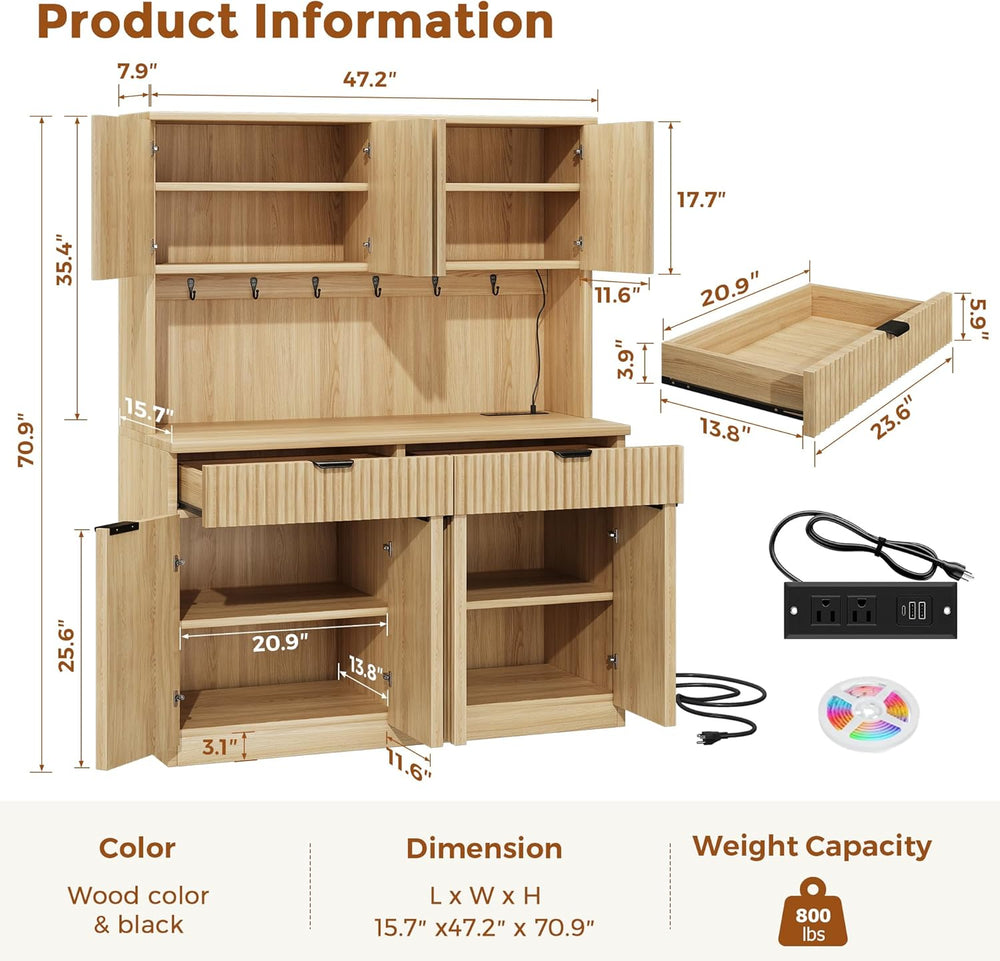 Jocoevol Fluted Kitchen Pantry Storage Cabinet with Charging Station/LED Ligh...