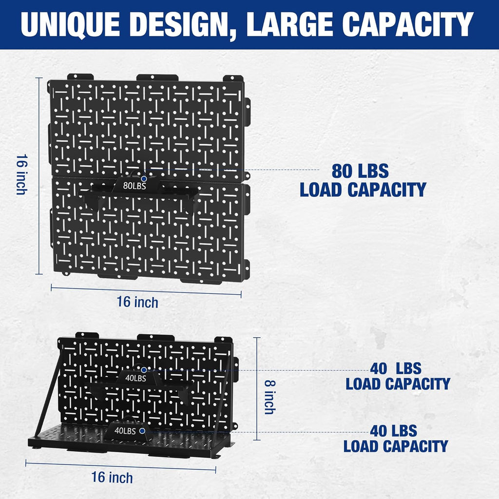 WORKPRO 16”x 16” Metal Peg Board, Foldable Black Pegboard for Wall Organization, Steel Panel with Round Holes & Vertical Slots, Ideal Tool Organizer in Office and Craft Room, 3 Pack
