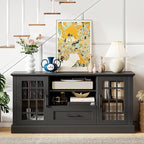 GOFLAME Farmhouse TV Stand for TVs up to 70", Entertainment Media Center Storage Cabinet with Glass Doors, Open Shelves & Drawer, Wooden Television Console Table for Living Room (Black)