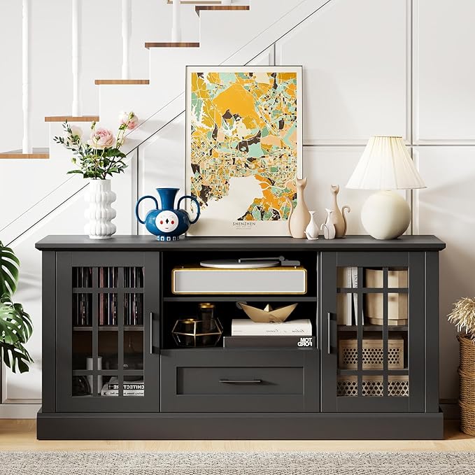 GOFLAME Farmhouse TV Stand for TVs up to 70", Entertainment Media Center Storage Cabinet with Glass Doors, Open Shelves & Drawer, Wooden Television Console Table for Living Room (Black)