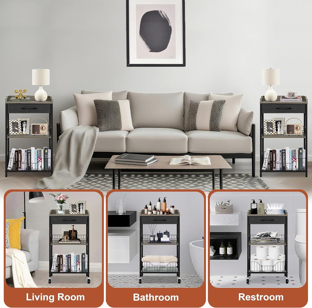 Tall Side Table with Drawer and Shelves, Narrow End Table with Optional Wheel...