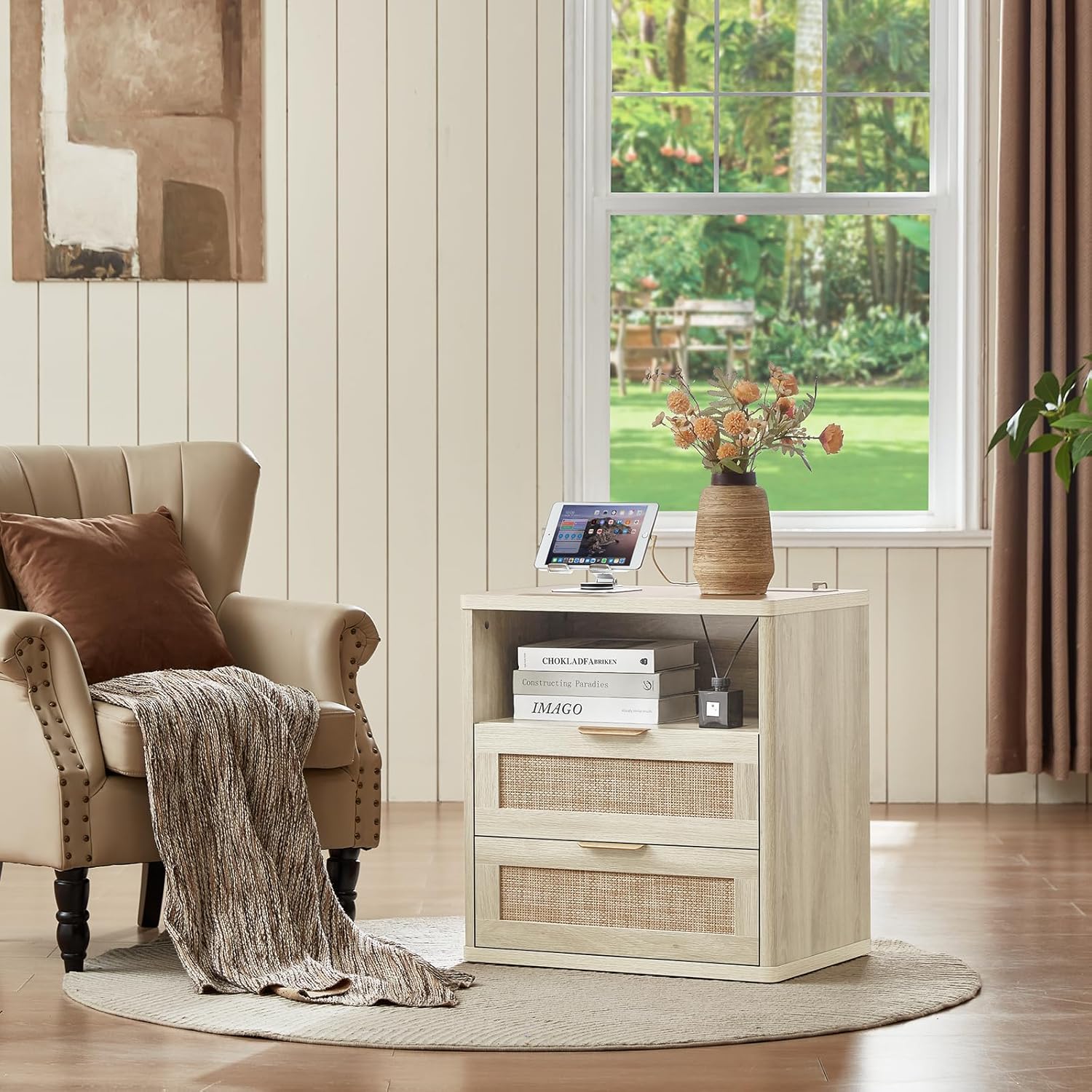 LEYAOYAO Rattan Nightstands with Charger Station, 23" Wide Boho Night Stand with 2 Drawers, Grey White Bedside Table Open Shlef, Bed Side End Table Dresser for Bedroom, Living Room Hallway