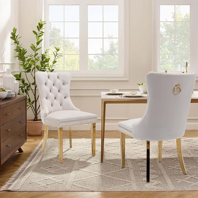 Velvet Upholstered Dining Chairs Set of 8, Modern Style Kitchen Side Chairs with Nailhead Trim and Gold Plated Leg, Metal Pulling Ring for Dining Room Living Room(Beige)