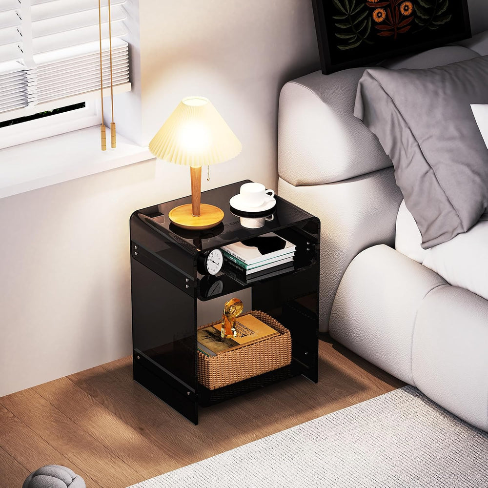 Acrylic End Table Record Player Table with Storage Shelf Clear Side Table Nig...