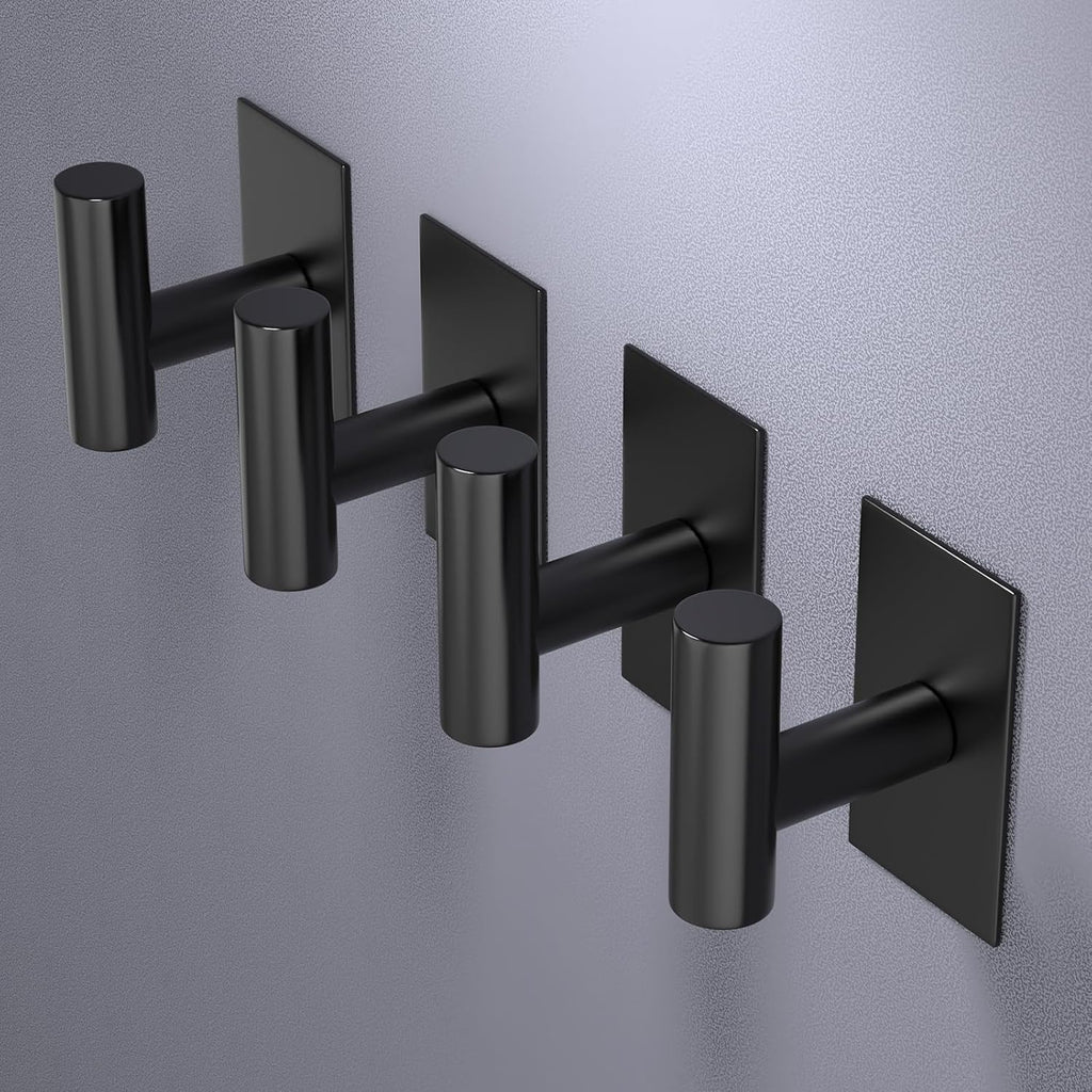 VAEHOLD Wall Towel Hooks, Heavy Duty Sticky Holder Waterproof Towel Hooks for Hanging Coat, Clothes, Closet Hook Wall Mount for Kitchen (Black, 4 Pack)
