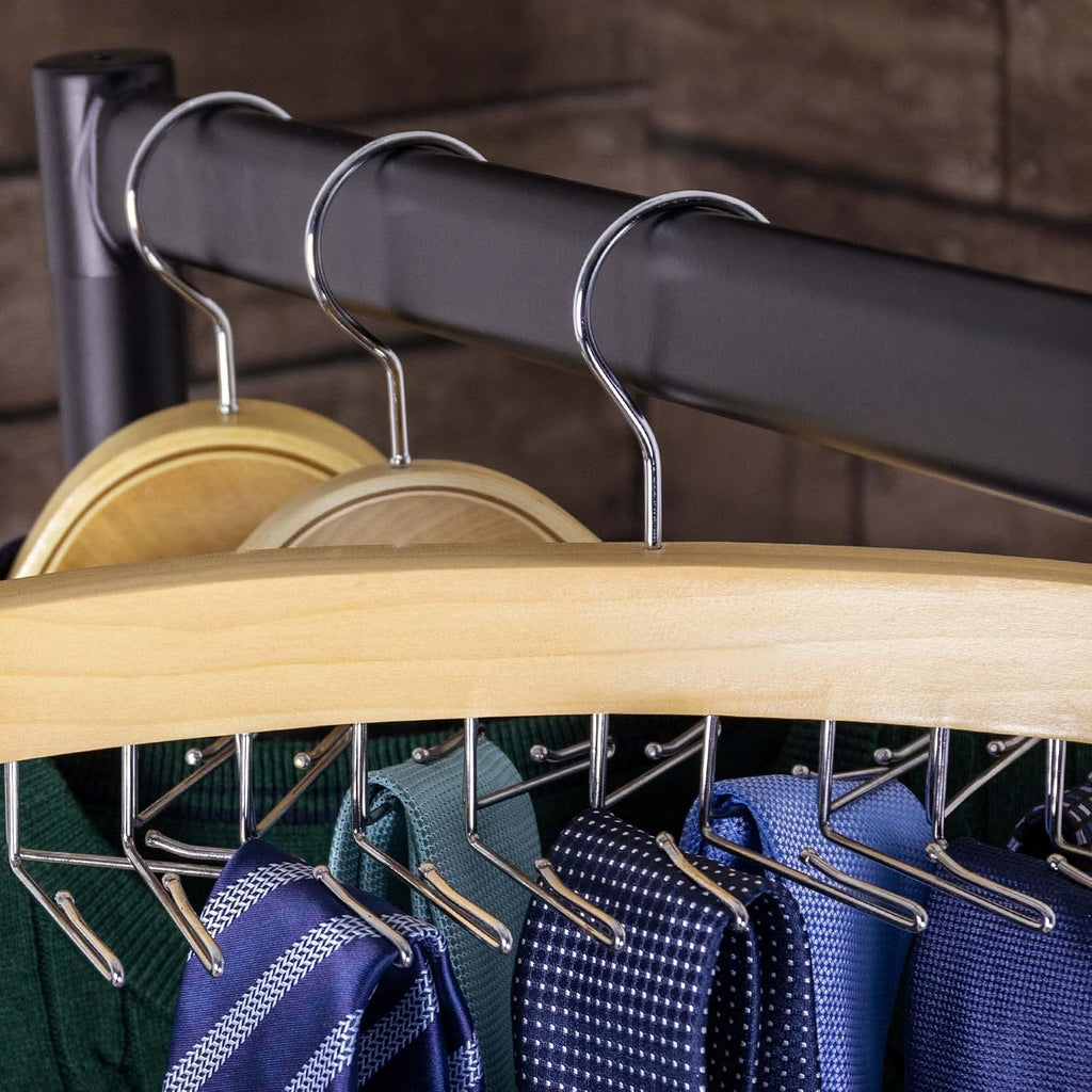 HANGERWORLD Hanging Tie Holder Organizer Rack - Premium Wooden Tie Hanger with 24 Folding Accessory Hooks for Closet Space Saving