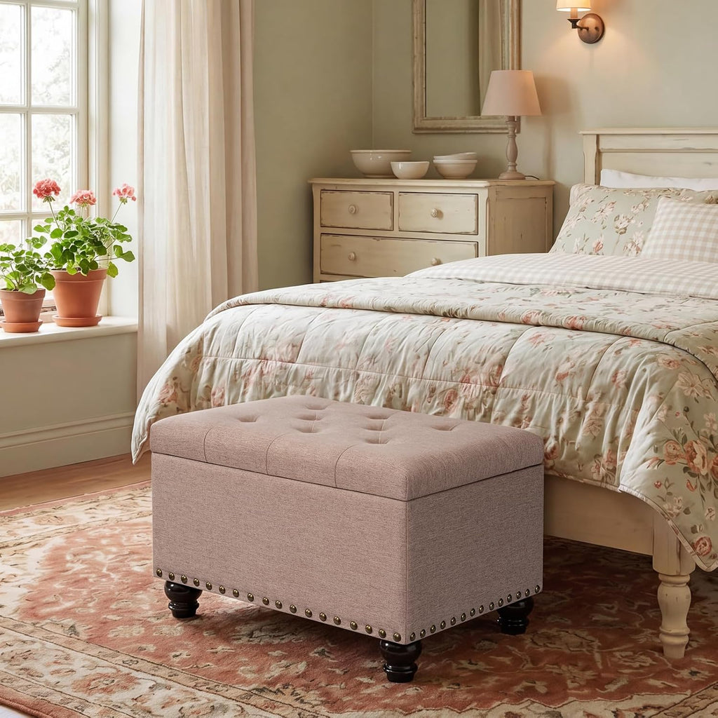 Ottoman with Storage, Fabric Ottoman Foot Rest 24" Rectangle Tufted Foot Stools Ottomans with Hinged Lid Upholstered Button Ottomans for Bedroom Living Room Entryway, Taupe