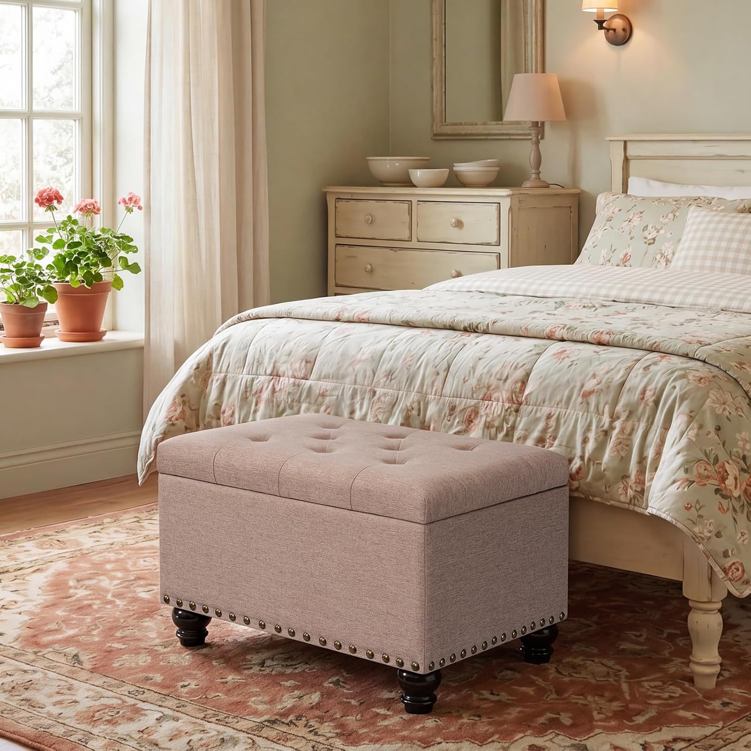 Ottoman with Storage, Fabric Ottoman Foot Rest 24" Rectangle Tufted Foot Stools Ottomans with Hinged Lid Upholstered Button Ottomans for Bedroom Living Room Entryway, Taupe