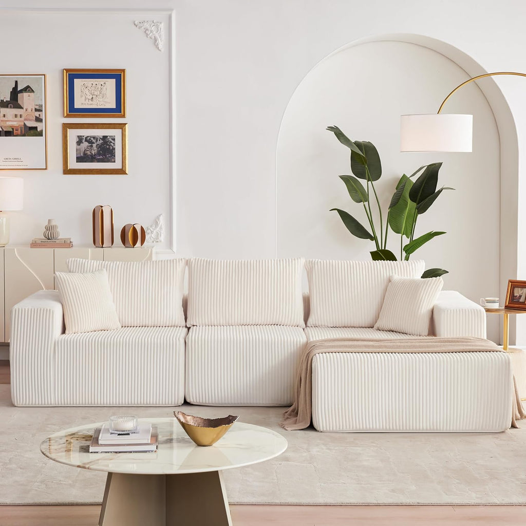 108" Boneless Couch with Chaise, Modular Sofa with Deep Seat, Beige | Deep Seat Modular Sectional Sofa for Living Room, Upholstered Corduroy Couch for Apartment, Convertible No Assembly Sofa