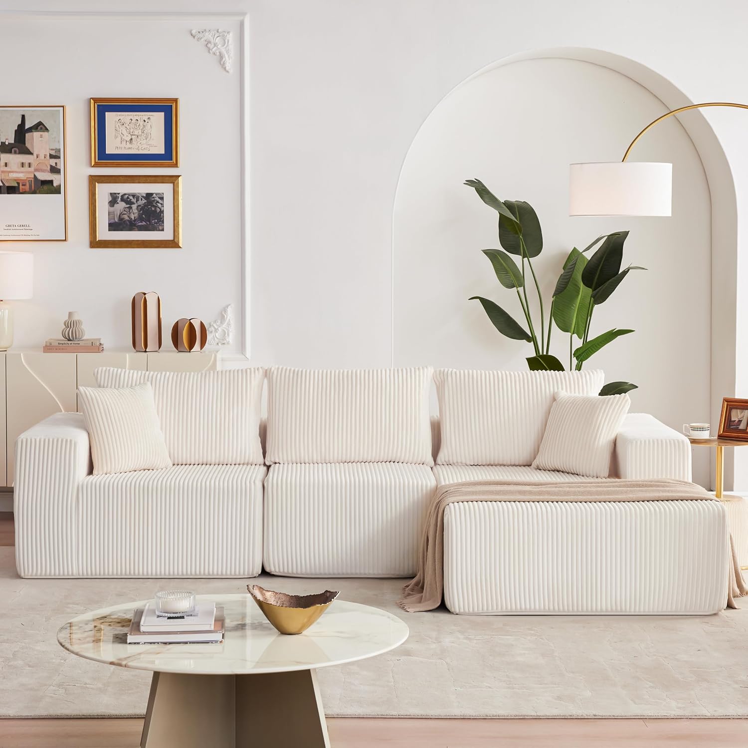 108" Boneless Couch with Chaise, Modular Sofa with Deep Seat, Beige | Deep Seat Modular Sectional Sofa for Living Room, Upholstered Corduroy Couch for Apartment, Convertible No Assembly Sofa