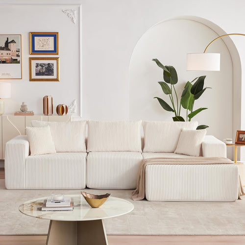 108" Boneless Couch with Chaise, Modular Sofa with Deep Seat, Beige | Deep Seat Modular Sectional Sofa for Living Room, Upholstered Corduroy Couch for Apartment, Convertible No Assembly Sofa