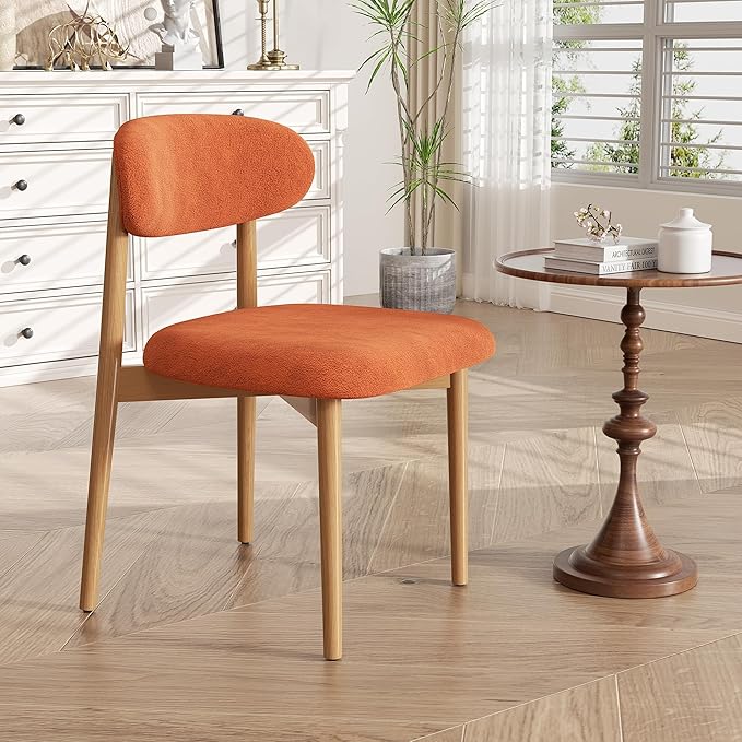 Wooden Dining Chair Set of 1, Modern Dining Chairs with with Curved Back, Fabric Upholstered Kitchen Dining Room Chairs with Adjustable Legs for Farmhouse Dining Living Room,Orange
