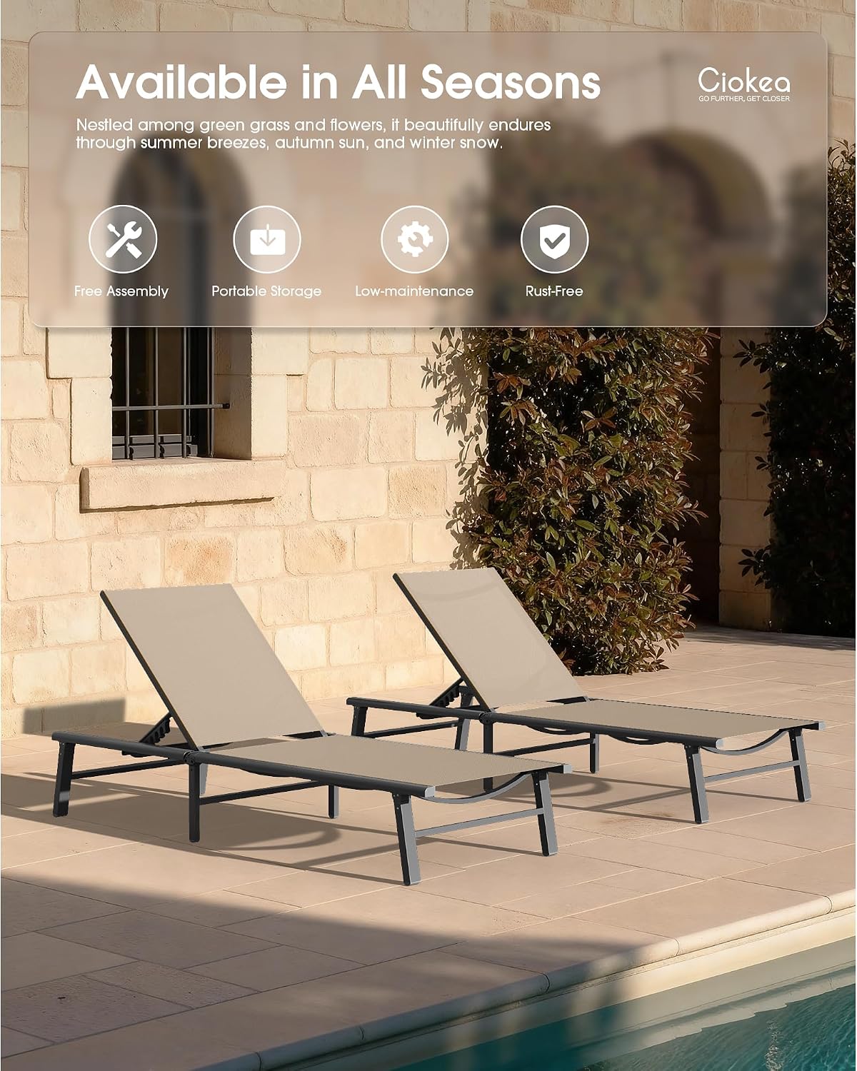 Foldable Outdoor Lounge Chair, No Assembly Patio Chaise Lounge Outdoor with 5-Positions, Aluminum Pool Lounge Chair with Portable Design for Pool, Beach, Deck, Backyard, Khaki