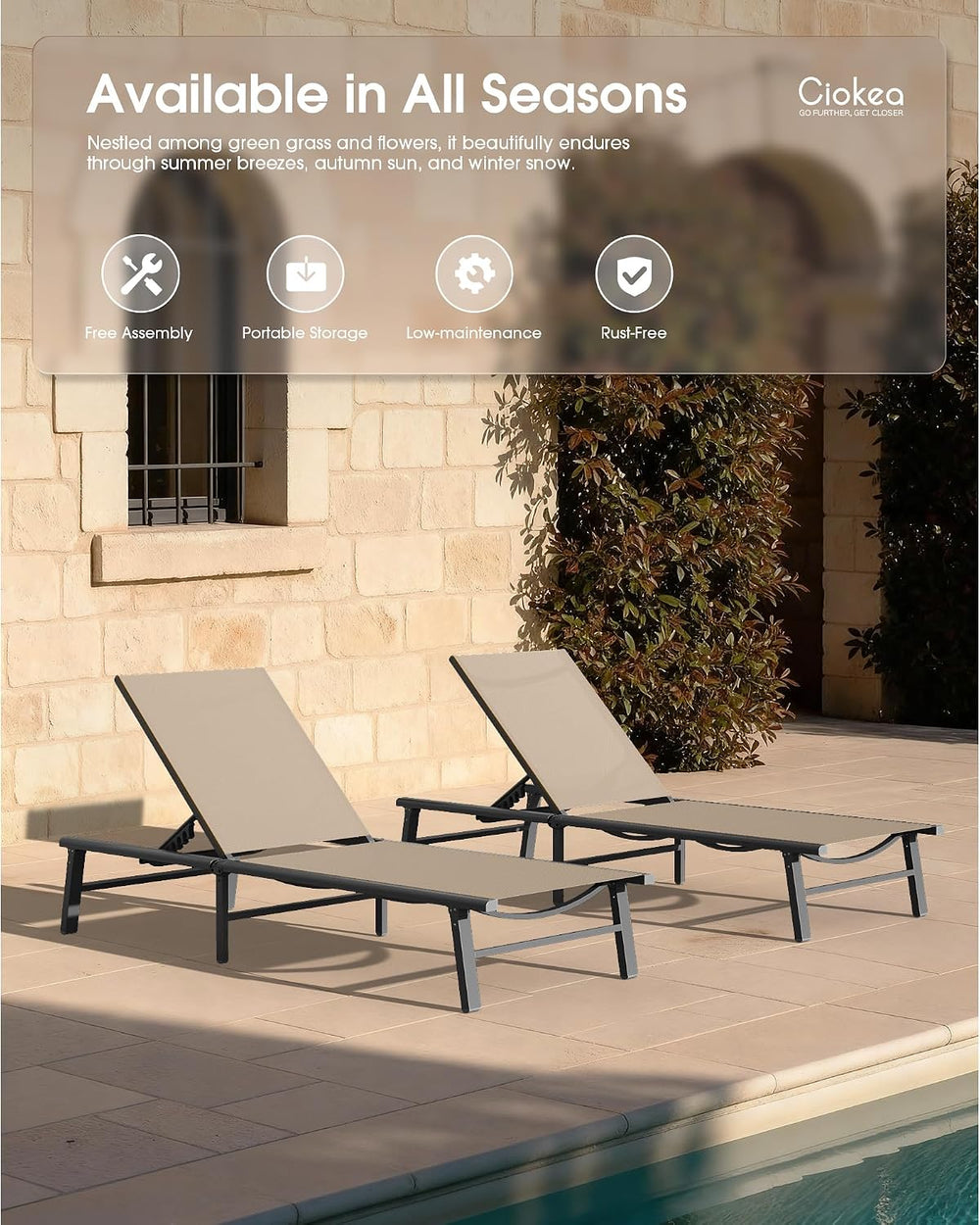 Ciokea Foldable Outdoor Lounge Chair Set of 2, No Assembly Aluminum Chaise Lo...