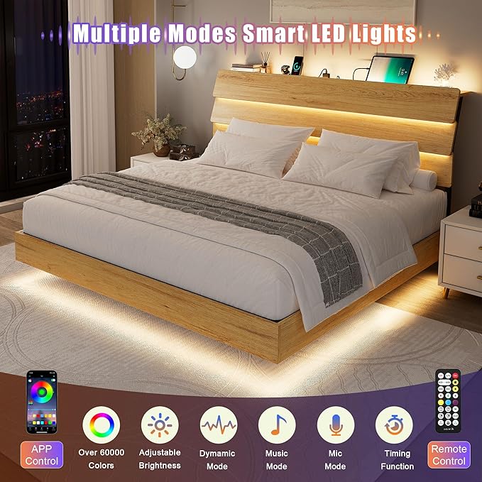 Feonase Floating Bed Frame King with Led Lights and Charging Station, Wood Full Size Bed Frame with Storage Headboard, Heavy Duty Metal Slats, No Box Spring Needed, Easy Assembly,Oak