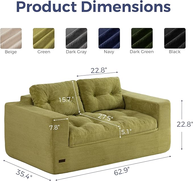 MAXYOYO 63" Loveseat Sofa Couch for Small Spaces, Upholstered Boneless Cloud Couch for Apartment Bedroom, 2-Seater Love Seat Floor Modern Sofa with Pillows, No Assembly Required, Green