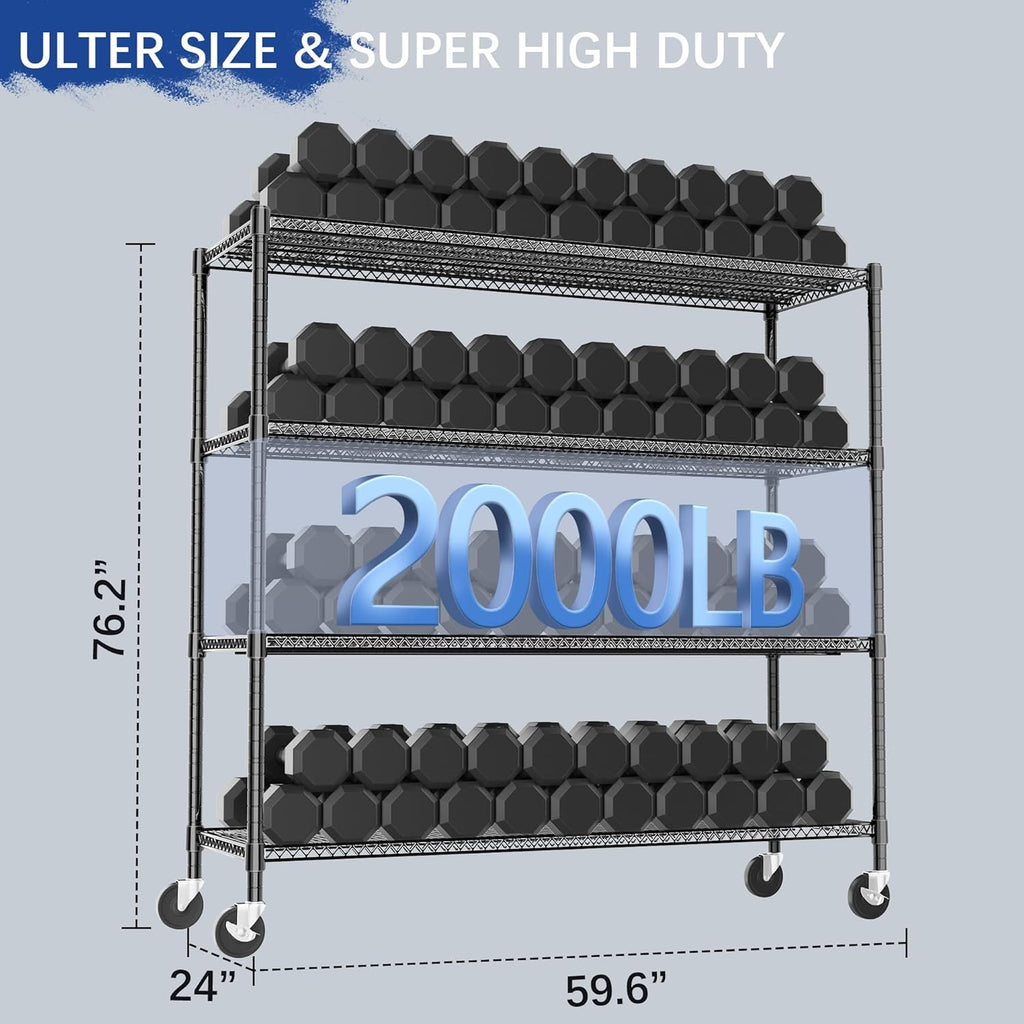 Heavy Duty Shelving, 76.2" H Garage Shelving Unit with Wheels, 4-Tier Garage Storage Shelves Metal Shelves Rack, Adjustable Industrial Shelving for Warehouse Storage, 60" W x 24" D x 76.2" H, Black