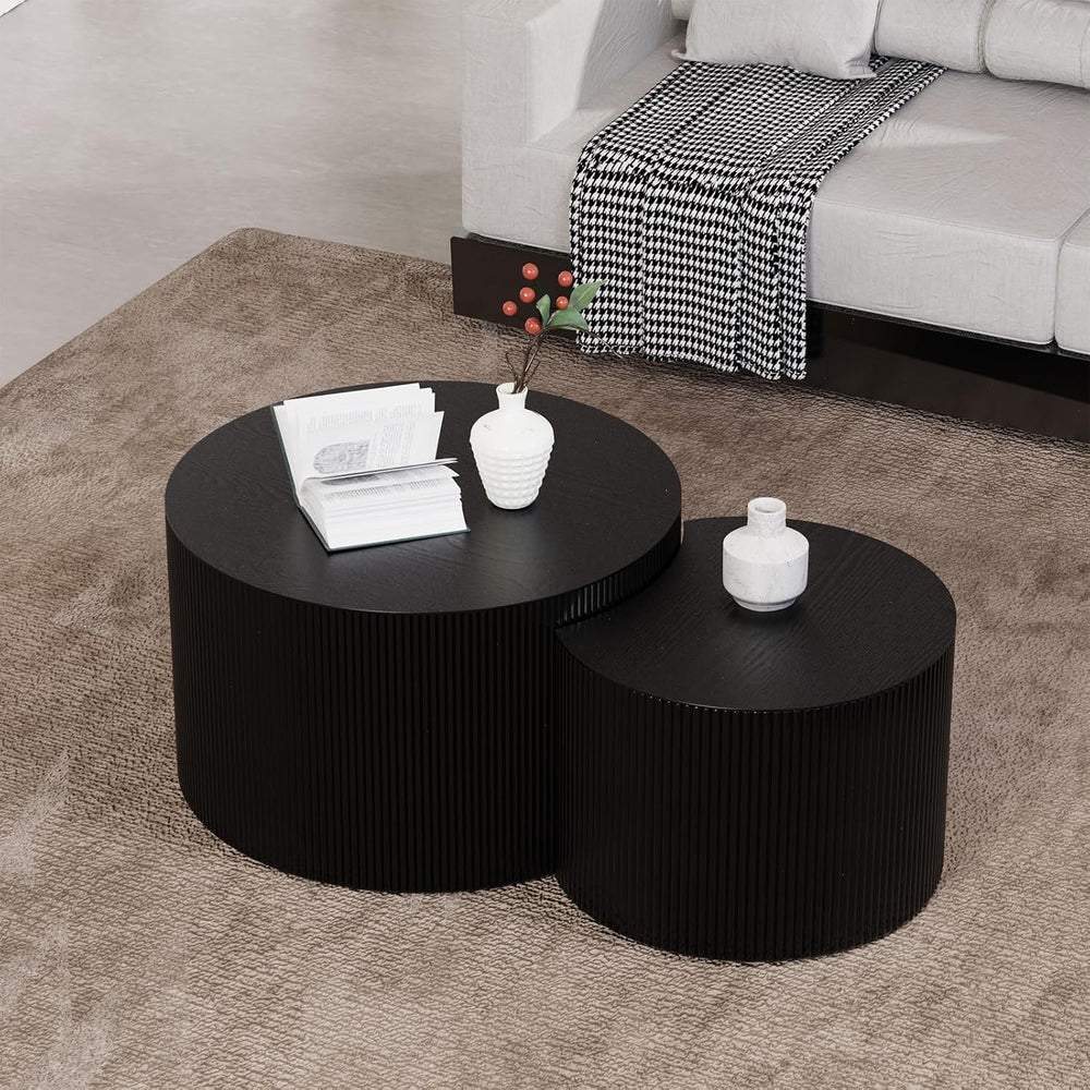Round Nesting Coffee Table Set 2 Piece (A Black 27.56 in) | Drum Modern Stack...