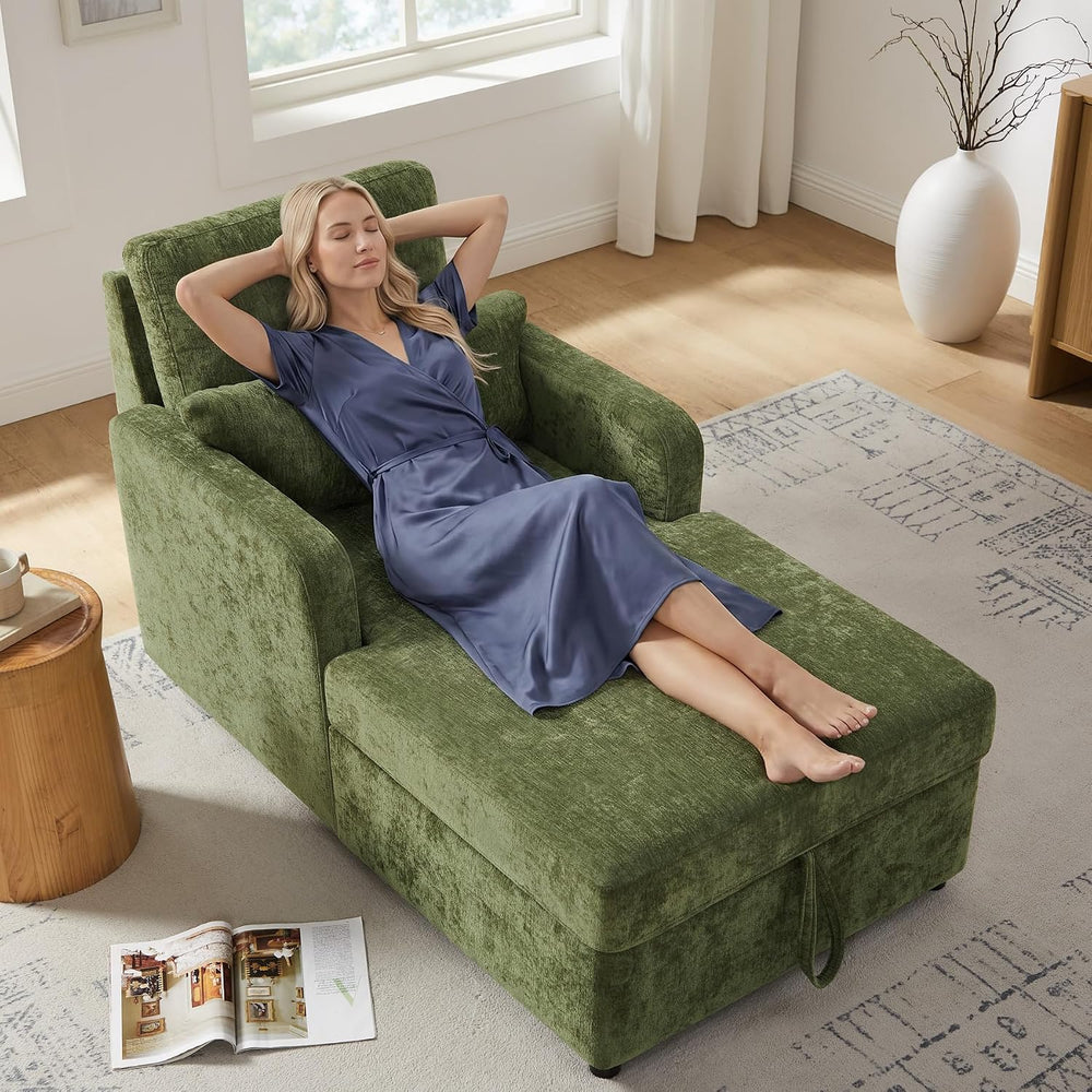 63.8" Oversized Chaise Lounge Chair with Storage, Chenille Green