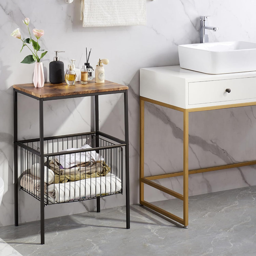 VECELO Tall End Table with Metal Basket,Nightstand with Shelf Storage Organiz...