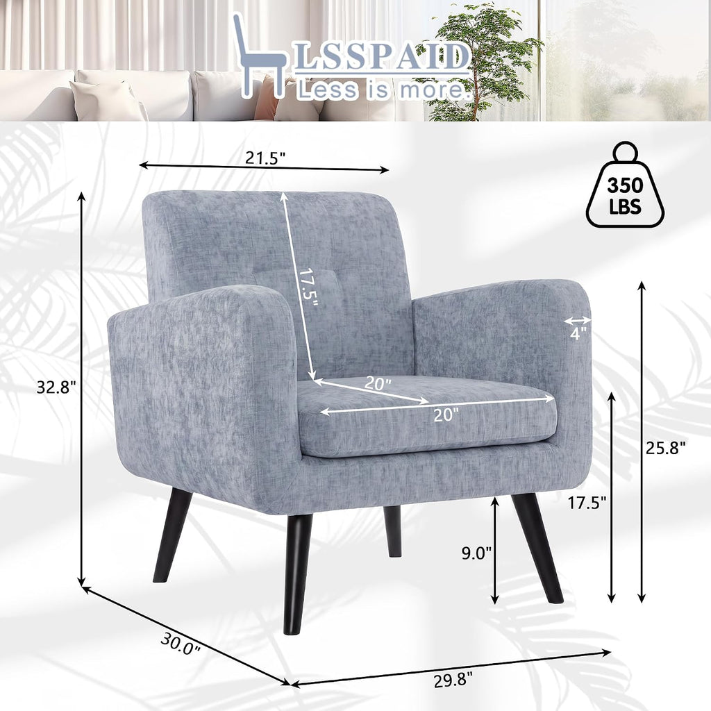 LSSPAID Modern Accent Chair Set of 1, Upholstered Chenille Armchair with Tufted Back, Comfy Single Sofa Chair Lounge Reading Chair with Solid Wood Legs for Living Room Bedroom Office, Dusty Blue