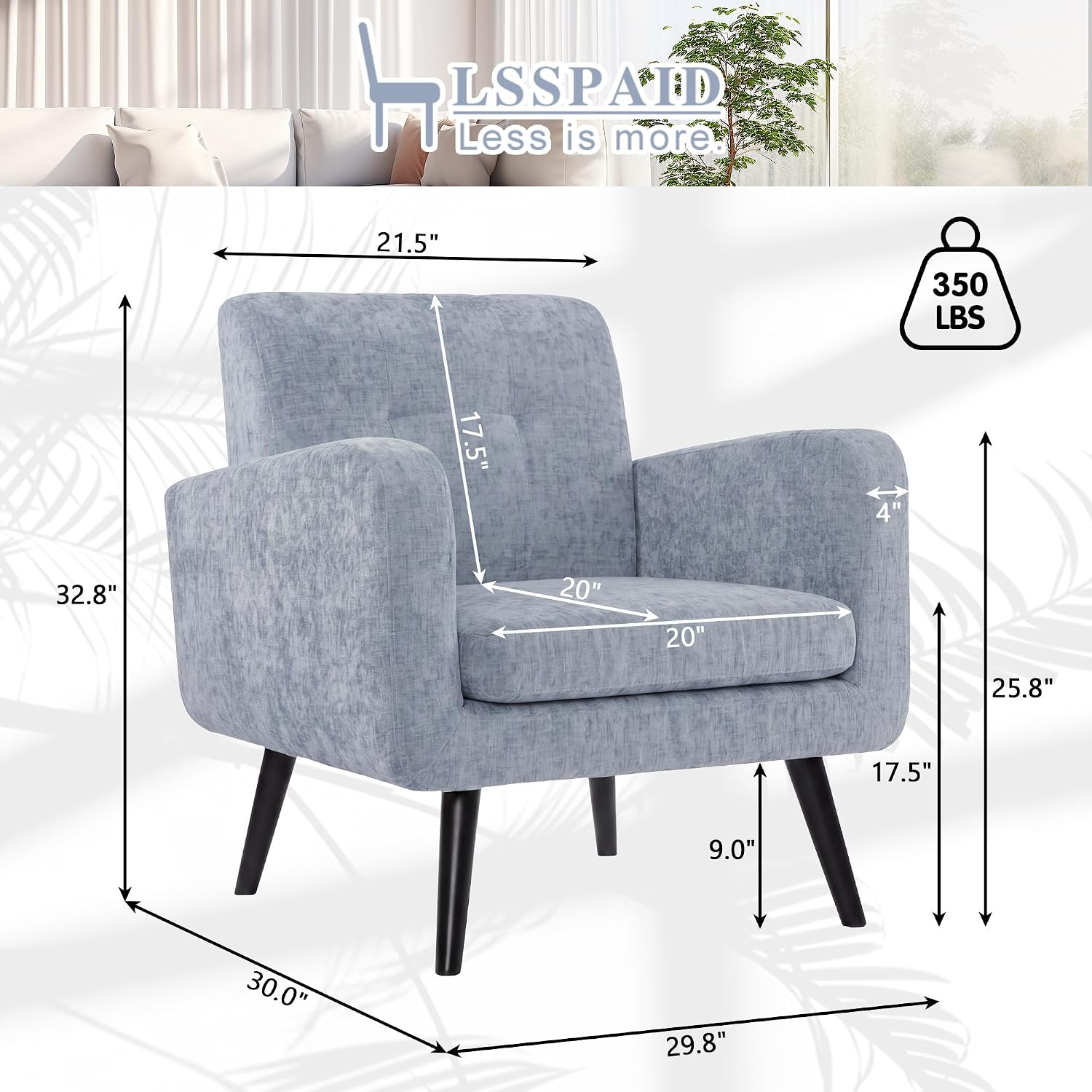 LSSPAID Modern Accent Chair Set of 1, Upholstered Chenille Armchair with Tufted Back, Comfy Single Sofa Chair Lounge Reading Chair with Solid Wood Legs for Living Room Bedroom Office, Dusty Blue