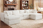 141'' Oversized Cloud Sectional Boneless Couch for Living Room, Modern Big Compressed U Shape Couch with 2 Ottoman 2 Throw Pillows, Comfy Chenille Deep Seat Memory Foam Spineless 6 Seater Sofa,Beige