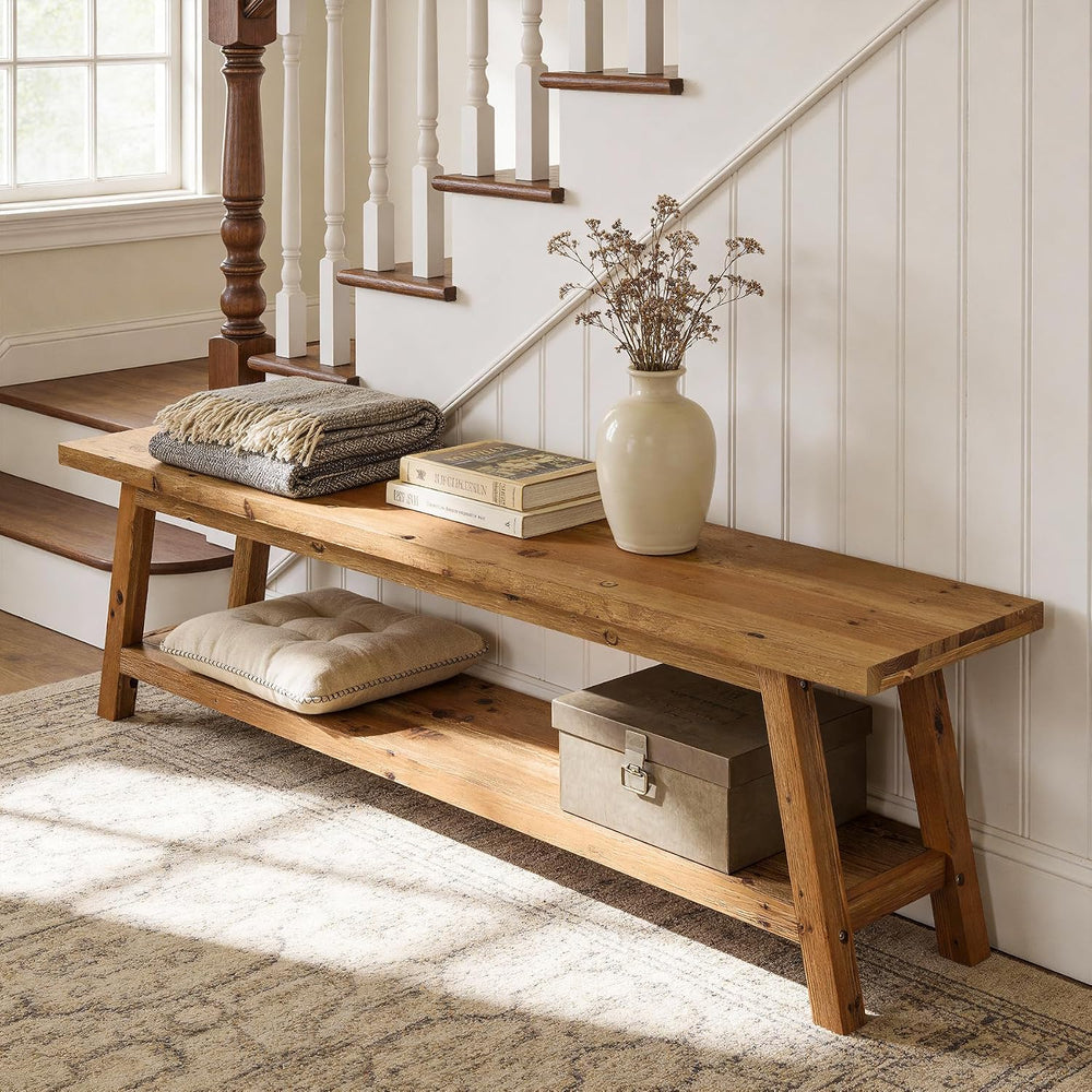 Solid Wood Entryway Bench with Shoe Storage Shelf, 62.99" Long Rustic Ha...