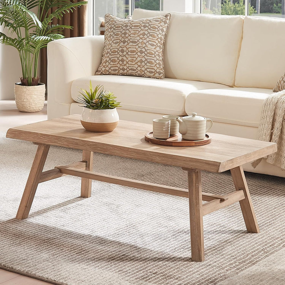 Wnutrees Farmhouse Solid Wood Coffee Table, 43" Rustic Rectangular