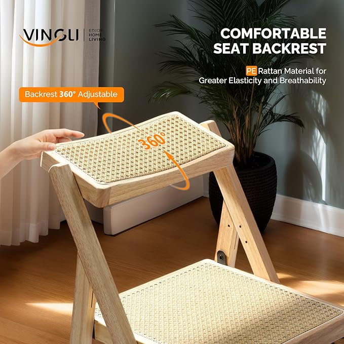 VINGLI 2 Pack Rattan Wooden Folding Chair, Dining Folding Chair with 360° Swivel Backrest, Sturdy Rubberwood Frame and Rattan Woven Seat and Back, Natural Color, Set of 2