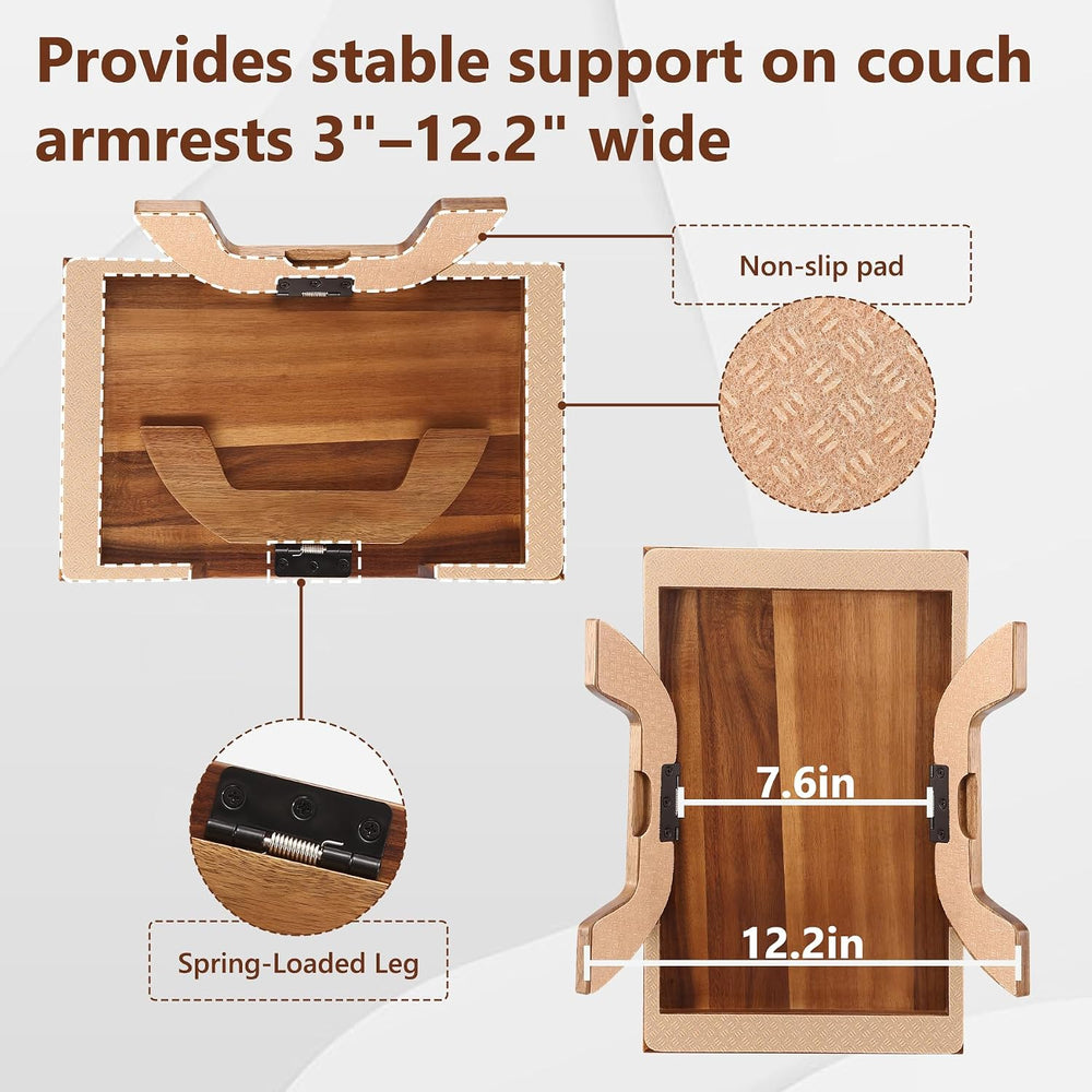 Couch Arm Table with Dual Cup Holders, Acacia Wood Sofa Arm Tray | Fits armle...