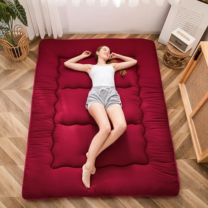MAXYOYO Japanese Floor Mattress Futon Mattress, 4" Thicken Tatami Mat Sleeping Pad Foldable Roll Up Mat Boys Girls Dormitory Pad Kids Floor Lounger Pillow Bed, Charcoal Grey, Queen Size