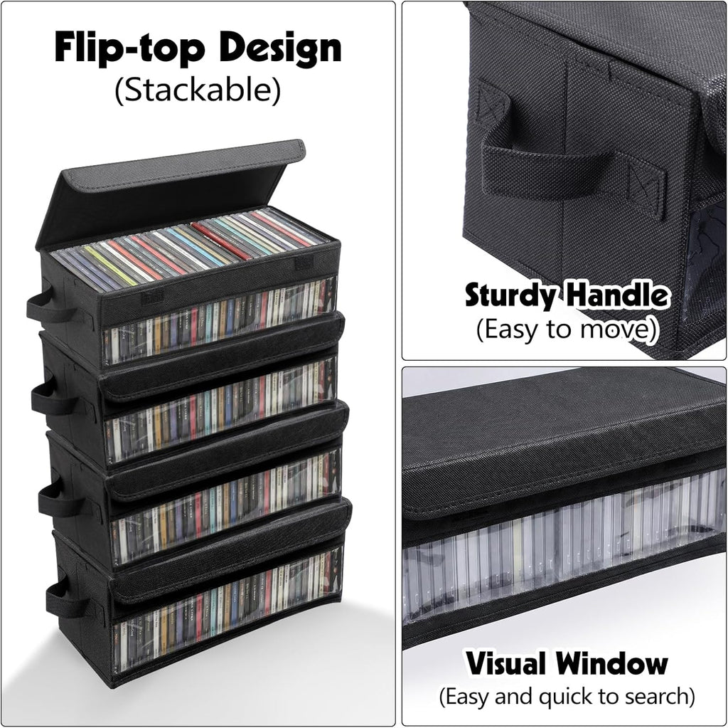 CD Storage Box, CD Case Holder with Handles | 14.17×6.3×5.51in Lid and Clear Window Stackable CD Organizer Box Holds Up to 32 CDs in full jewel cases(Black)