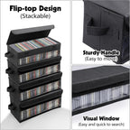 CD Storage Box, CD Case Holder with Handles | 14.17×6.3×5.51in Lid and Clear Window Stackable CD Organizer Box Holds Up to 32 CDs in full jewel cases(Black)