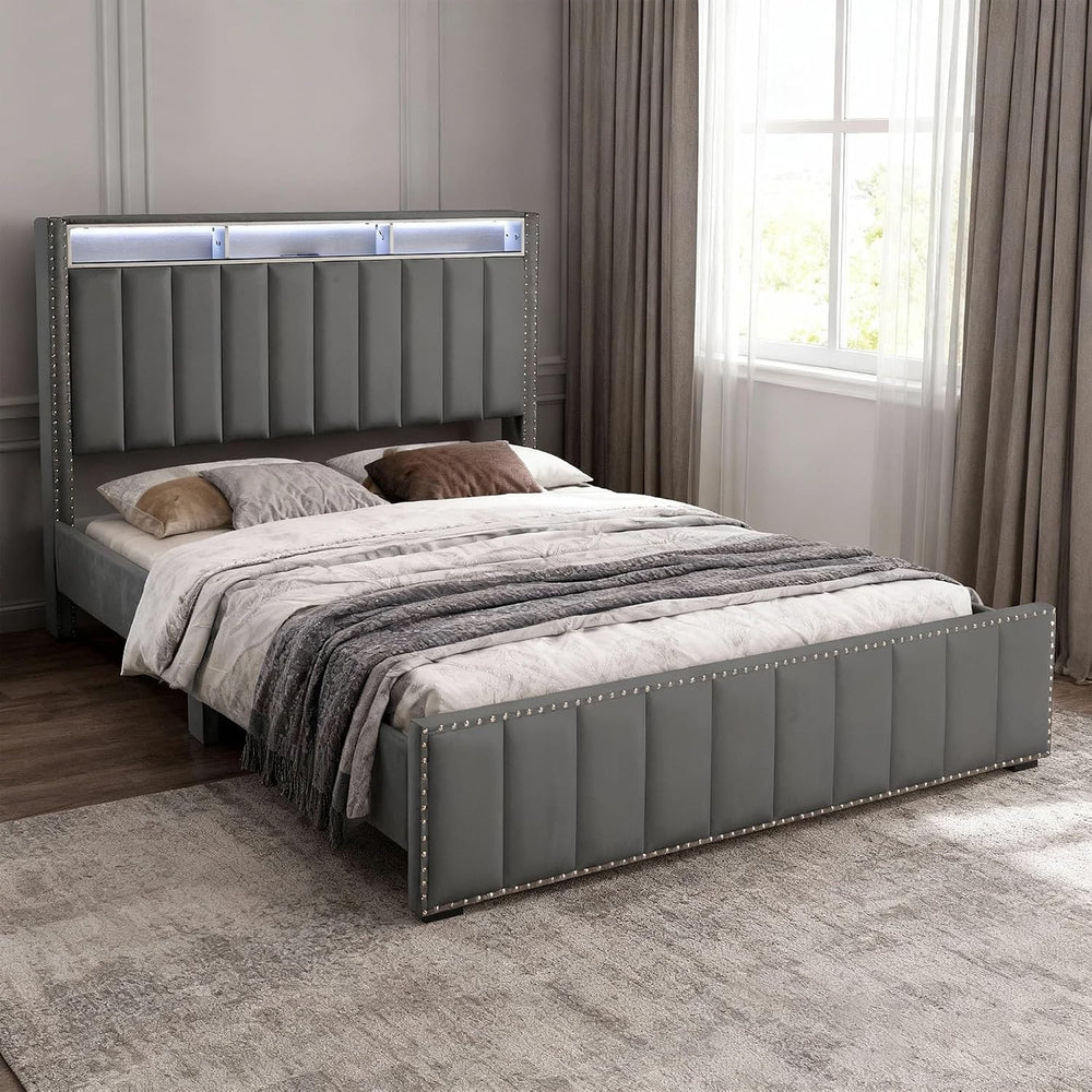 GOWE Bed Beautiful Dark Color 1pc Full Storage Shelve LED Channel Tufting | P...