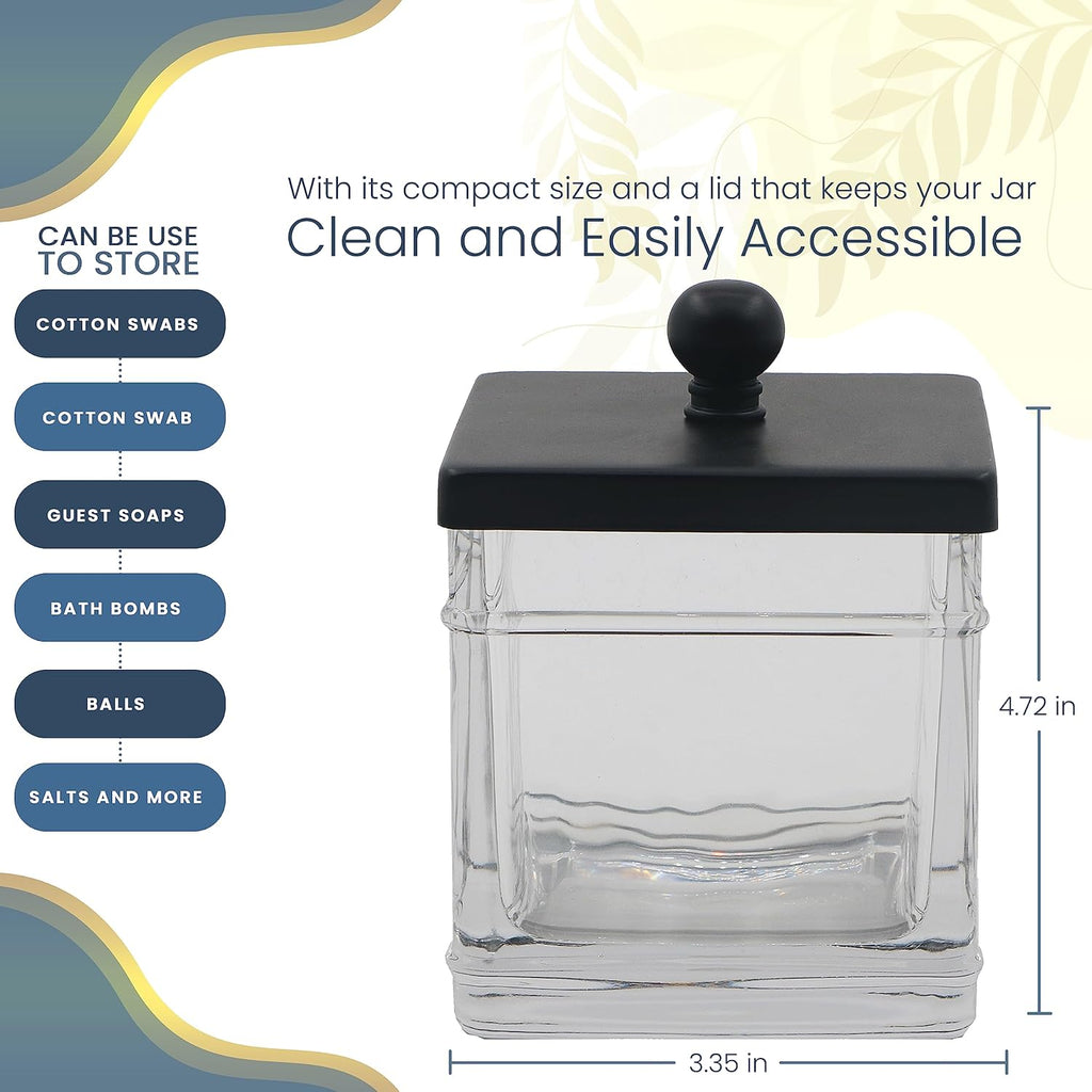 Clear Transparent Hotel Style Apothecary Tempered Glass Canister Jar W/ Matte Black Metal Lid Cover, Classic Countertop Organizer for Cotton balls/pads, Floss Picks, Makeup Storage
