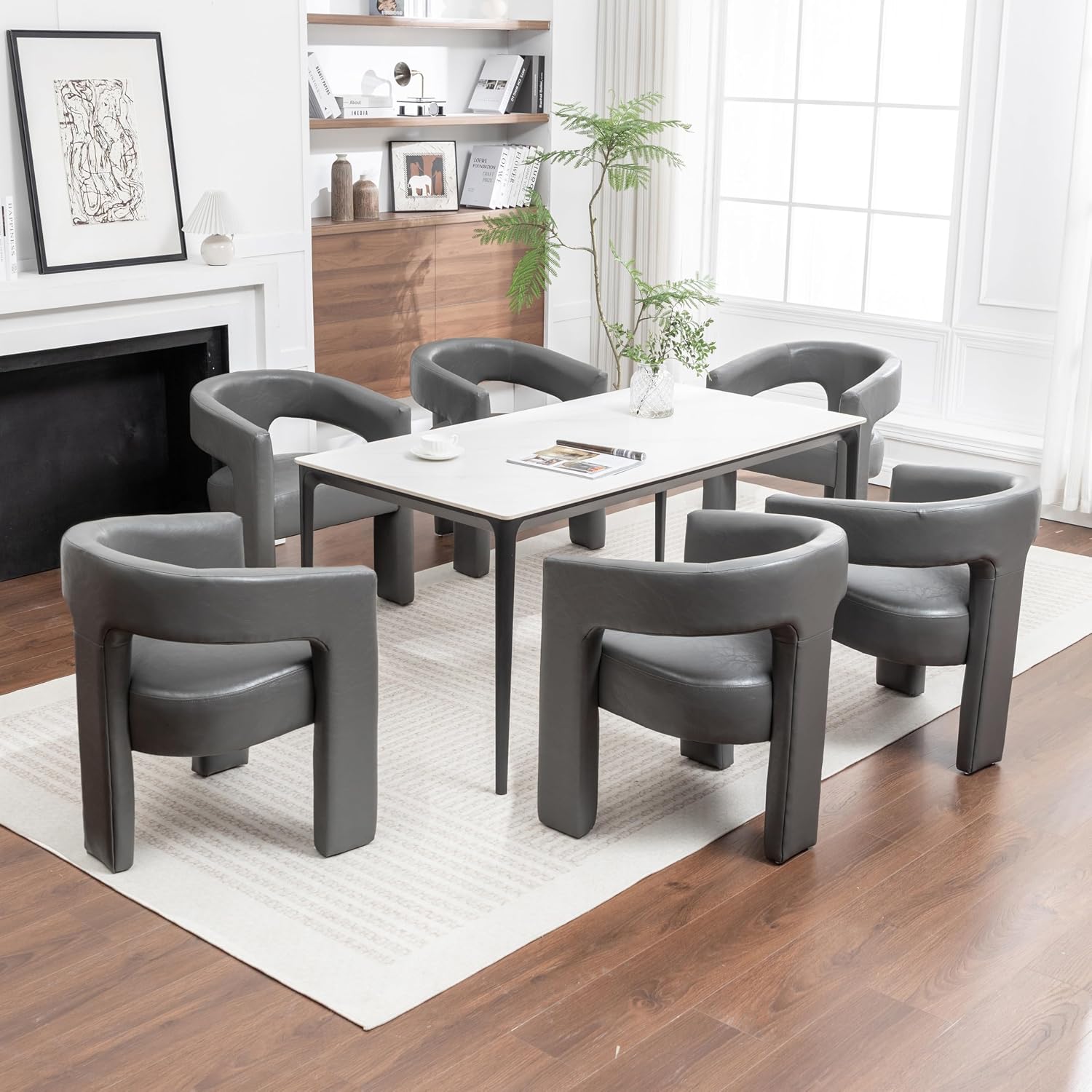 Modern Barrel Dining Chair, Comfy Faux Leather Upholstered Chairs with Open-Back, Assembled Vanity Chair, PU Leather Accent Chair Side Armchair for Dining Room, Kitchen, Living Room（Grey）