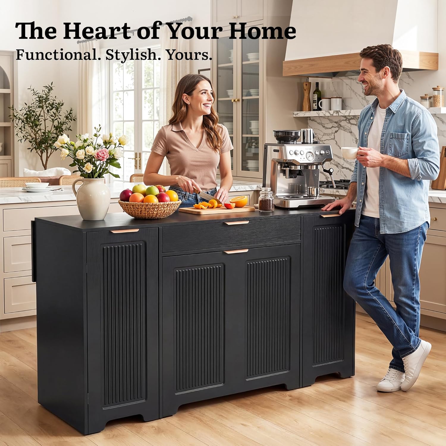 YITAHOME Expandable Kitchen Island with Hidden Trash Cabinet, 55.1" Rolling Kitchen Island with Drop Leaf, Storage Drawer & 3-Tier Side Shelves, Mobile Kitchen Island on Wheels with Towel Bar & Hooks