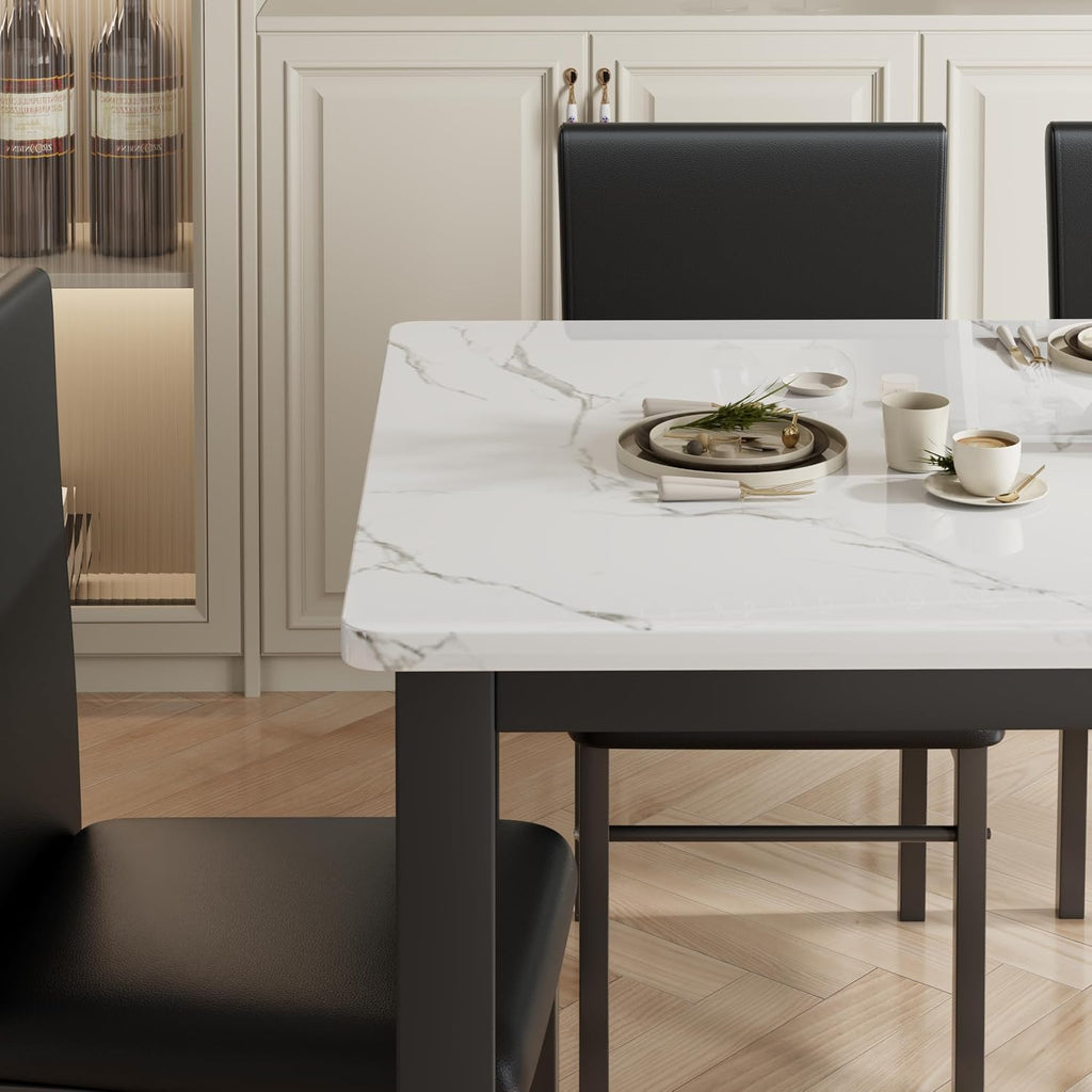 5-Piece Dining Table Set for 4, Faux Marble Top Kitchen Table with 4 Upholstered Chairs, Sturdy Metal Frame Space Saving Dinner Set for Small Spaces Apartments, White & Black