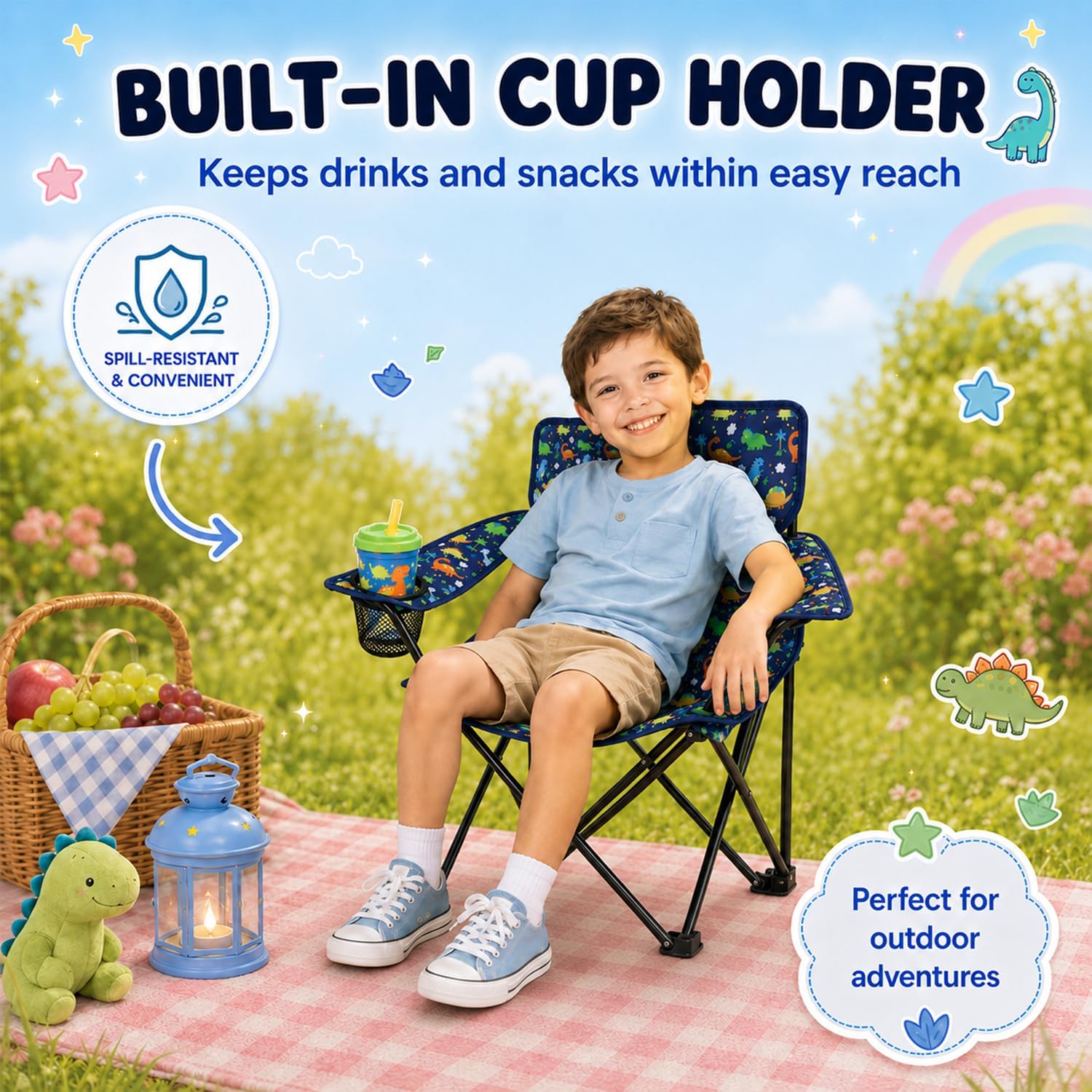 Emily Rose Playful Dinosaurs Kids Folding Camp Chair - Lightweight Portable Toddler Beach Chair Ages 2-7 with Safety Lock Cup Holder Carry Case 125 lb Capacity for Boys Girls Indoor Outdoor Adventures